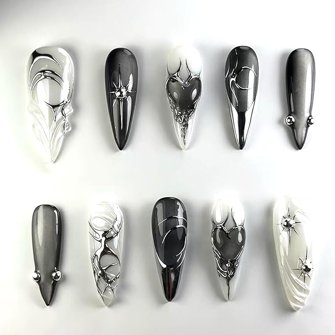 24Pcs Black Press on Nails Medium Length Almond Fake Nails Sparkling Star Gothic Dark Black Style Full Cover Press on Glossy Acrylic Nails Stick on Nails French Tip Nail Art Decoration for Women