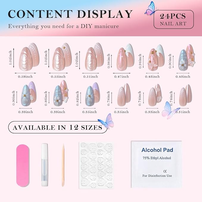 Handmade 3D Flower Butterfly Blue Pink Press On Nails Almond Medium, Floral Pearl French Tip Designer Reusable Acrylic Fake Nails With Cute Charms Glue On Nails, Daily Wear Nails For Women