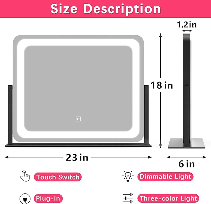 22x17 Inch Lighted Vanity Mirror with Dimmable LED Lights - 3 Color Modes, Smart Touch Control & 360° Rotating Base - Desk Makeup Mirror (Black)