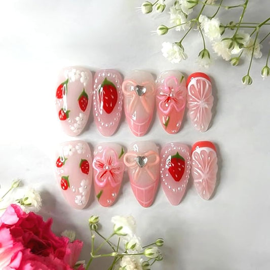 24pcs Pearl Strawberry Press on Nails Medium Fake Nails with Flower Bow Pink Almond False Nail Lemon Press on with Jelly Glue Manicure French Nails Cute Stick on Nail Acrylic Fingernails for Women