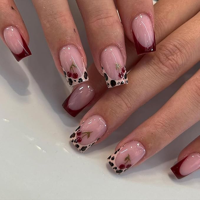 French Press On Nails Short Square, Pink Fake Nails with Leopard French Tips and Cherry Garnish Designs, Glossy Gel Finish Acrylic Press On Nails, Thick Natural Glue On Nails Kit, Leopard Cherry