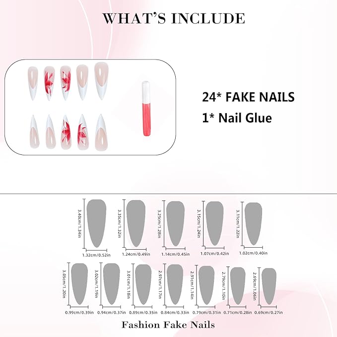 IMRAIN Long Stiletto Press on Nails White French Tips Fake Nails with Red Flower Designs Full Cover Glossy Artificial Gel False Nails for Women 24Pcs