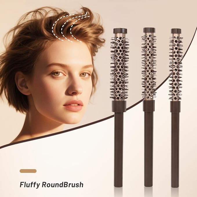 3 Pcs Small Round Brush Set for Blow Drying, 0.78/0.70/0.59 Inch Blowout Roller Hairbrush with Soft Nylon Bristles for Volume, Styling, Bangs, Roots, Curling, Short, Wavy, Thin Hair on Men & Women