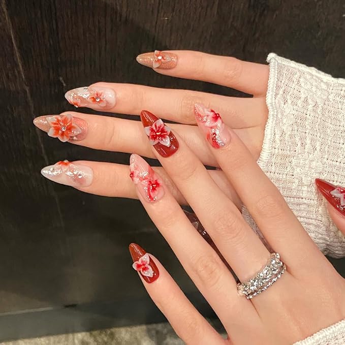 Handmade Press on Nails Almond Medium Fake Nails with 3D Flower Charm Designs Red Glossy Cute Acrylic Nails for Women 10pcs (Size M）