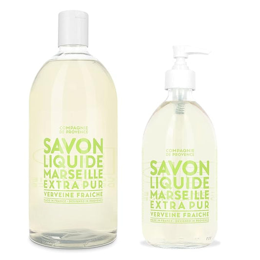 Compagnie de Provence Savon de Marseille Extra Pure Liquid Soap - Fresh Verbena - 16.7 Fl Oz Glass Pump Bottle and 33.8 fl oz Plastic Bottle Refill