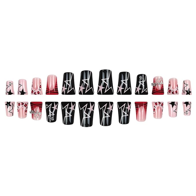 Duck Press on Nails Medium Fake Nails with Star Leopard Print Pearl Designs French Tip Nails Press ons Black Acrylic Nails for Women 24Pcs