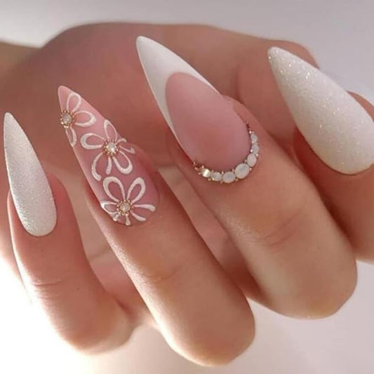 Flower Press on Nails White French Tip Fake Nails Long Stiletto False Nails with Rhinestone Design Nude Glue on Nails Glossy Artificial Acrylic Full Cover Glitter Stick on Nails for Women Manicure