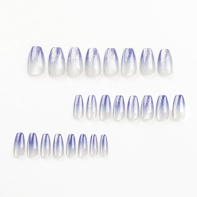24pcs Short Press On Nails, Coffin Shape, Blue, Glossy, Cat's Eye Designs, Full Cover, Plastic Material, Quick On, Full Well Tips, False Nails, Art Deco Style