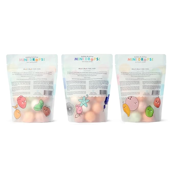 Dabble & Dollop Mini Bath Bombs, 100% Natural Droplets for Kids, Variety Pack - Resealable Pouches, Fizzy, Moisturizing & Fun, Vegan, Gluten-Free, Cruelty-Free (Set of 36)