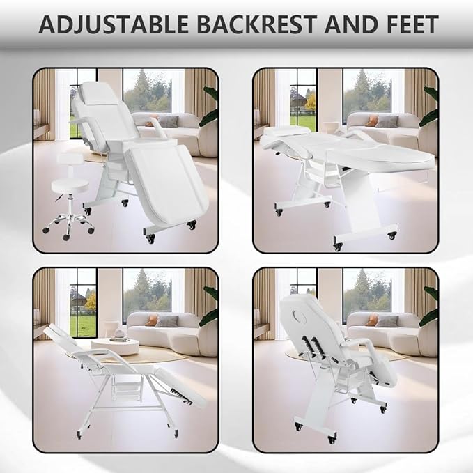 Facial Chair with Wheels Tattoo Chair 73inch Adjustable Tattoo Bed for Client Massage Table with Stool Massage Table Facial Bed for Spa Beauty Esthetician White