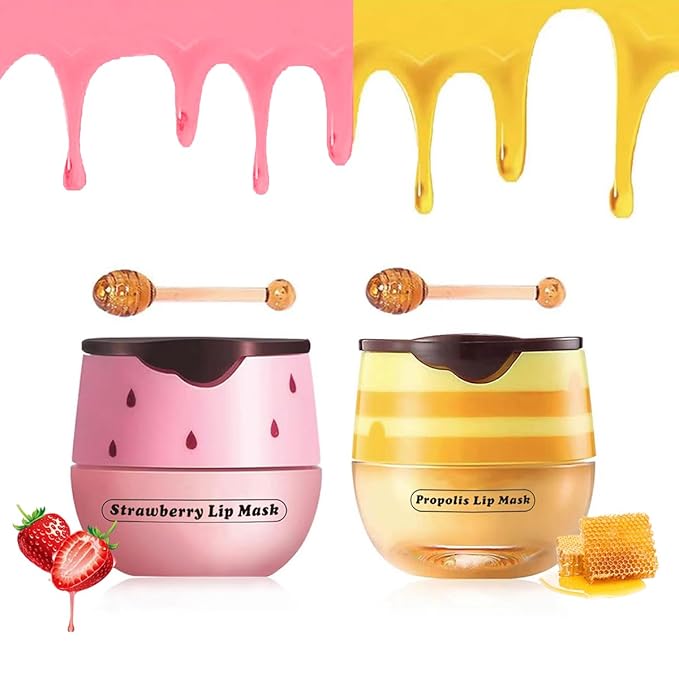 2 Pcs Strawberry & Honey Lip Balm, Vitamin E Apple Watermelon Moisturizing Lip Sleeping Mask, Hydrate Repair Prevent Dry Cracked Exfoliator Lip Care (Strawberry - Honey)