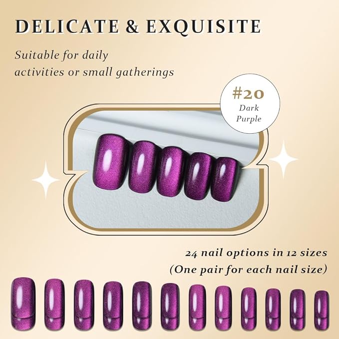 Purple Cat Eye Press on Nails Medium Square, Medium Square Glue on Fake Nails for Women Gift, Dark Purple Holographic Glitter Glossy Reusable Soft Gel Stick Press on Acrylic False Nail with Designs