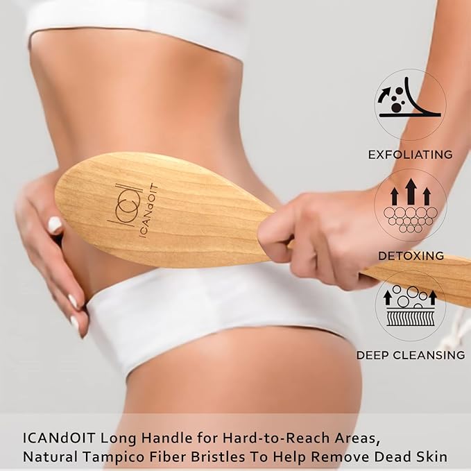 ICANdOIT Very Stiff Dry Brushing Body Brush for Men&Women, Long Handle Dry Skin Brush for Cellulite and Lymphatic Drainage with Natural Agave Cactus Tampico Fiber Bristles