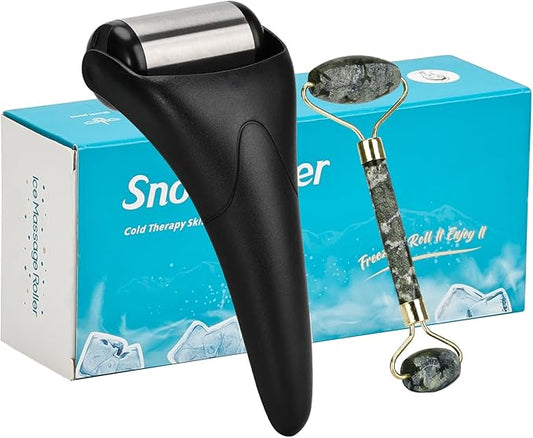 Stainless Steel Ice Roller for Face & Eye, Puffiness Migraine Pain Relief, Face Massager Jade Face Roller Skin Care Tools Self Care Gift Manual for Men Women