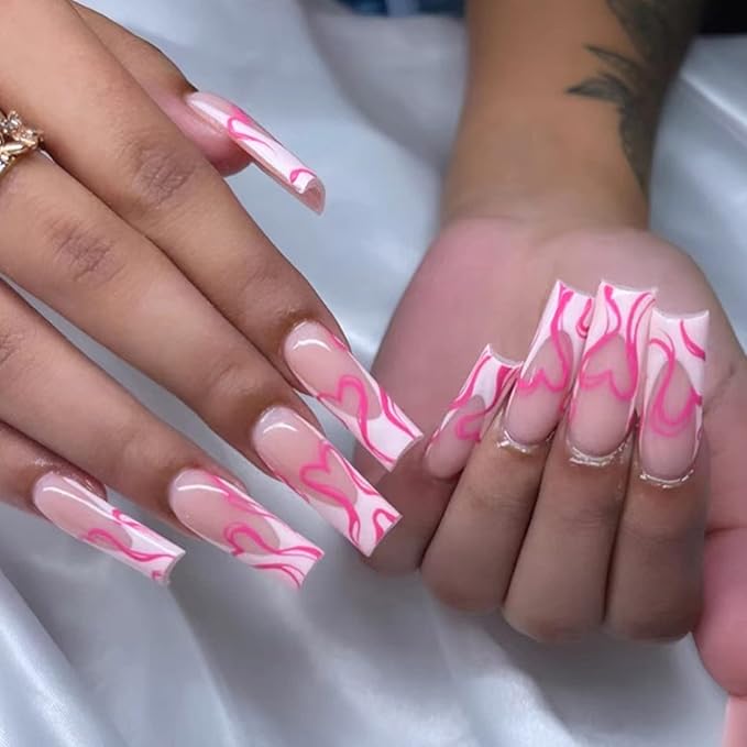 Long Press on Square French Tip Fake Nails - Glossy Glue-On Full Cover Nude Pink Acrylic False Tips With Heart Design - Coffin Stick-On Manicure Supplies for Women Girls - 24Pcs