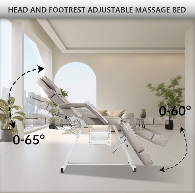 Tattoo Chair with Stool, Facial Bed Adjustable Legs Foldable Facial Chair Spa Bed for Client for Beauty Capacity 330lbs Gray