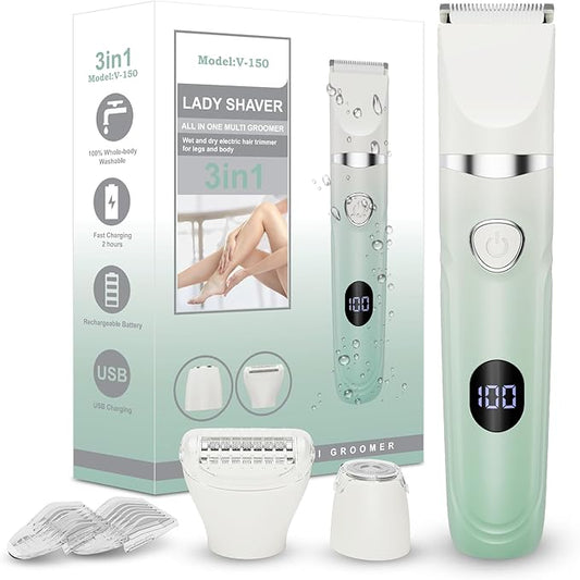 3-in-1 Painless Bikini Trimmer for Women - Electric Pubic Hair Shaver with Ceramic Blade, Wet/Dry USB Razor for Underarm/Leg/Body, Rechargeable Ladies Grooming Kit