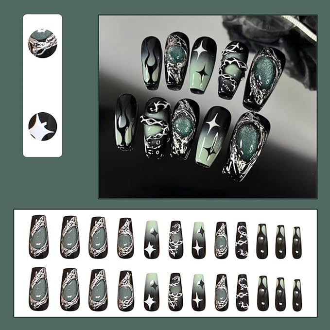 24Pcs Square Press on Nails Medium Punk Fake Nails Green Black Gradient 3D Acrylic Nails Luxury Gems Design Y2k Coffin Glue on Nails Snake Charms False Nails Flame Star Stick on Nails Decoration