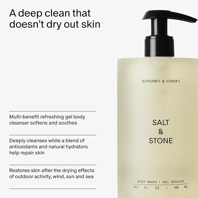 Salt & Stone Body Wash with Antioxidants for Deep Moisture | For Women & Men, Sulfate, Paraben, & Dye Free, Leaving Skin Soft and Hydrated | Bergamot & Hinoki 15.2 fl oz