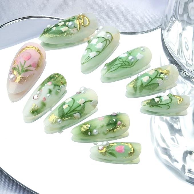 3D Pearl Gold Line Green Flower Acrylic Nails, Y2k Press On Nails Almond Medium, French Tip Floral Nails Designer Reusable Fake Nail with Glue On Nail, Sage Green Party Nail for Women