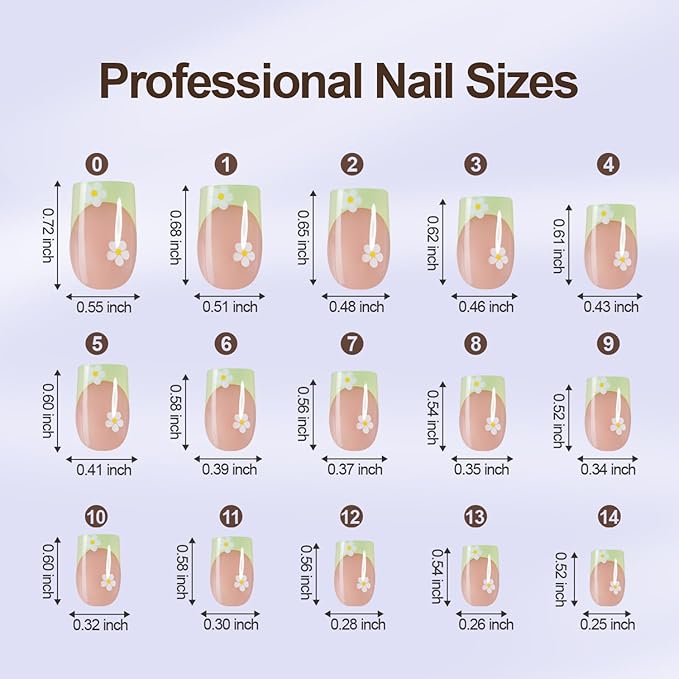150Pcs Short Press On Nails, French Tip Press On Nails, Soft Gel Flower Stick On Nails Reusable Square Fake Nails for Women 15 Sizes, Daisy