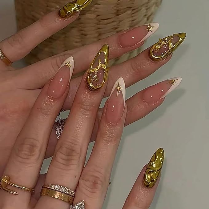 24Pcs French Tip Press on Nails Medium Almond Fake Nails 3D Star Irregular Ripple Gold Rose Nail Design Elegant Sparkly French Glue on Nails Press ons False Nails Reusable Acrylic Nails for Women