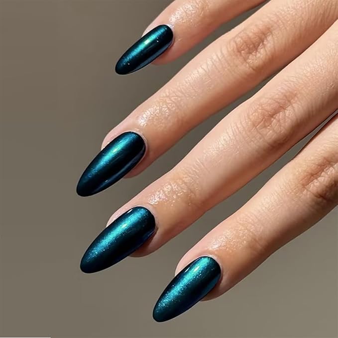 IMRAIN Cat's Eye Press on Nails Medium Almond Fake Nails Dark Blue Glossy Glue on Nails Full Cover Acrylic False Nails Stick on Nails Stiletto Artificial Nail Supplies for Women Girls 24Pcs