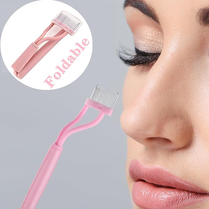 Stainless Steel Eyelash Curler with Comb and Eyelash Brush Fit Suitable for Any Eye Shapes and Sizes, with 5 Silicone Refill Pads (Light Pink Set)