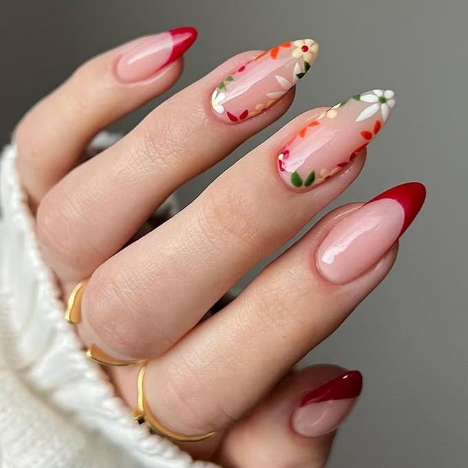 Flower Press on Nails Red French Tip Fake Nails Short Almond False Nails with Design Nude Glue on Nails Glossy Artificial Acrylic Full Cover Floral Stick on Nails for Women Manicure 24Pcs