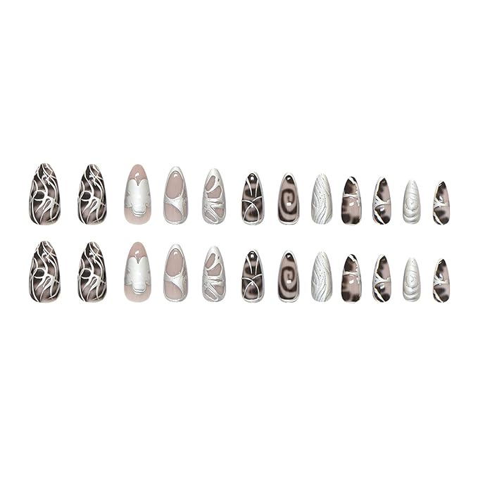 24Pcs Dark Press on Nails Medium Almond Fake Nails with 3D Y2k Irregular Silver Designs Glossy French Nails Reusable Fake Nails Full Cover Artificial Glue on Nails Gothic Stick on Nails for Women