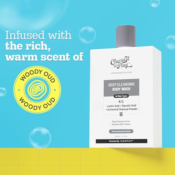 Chemist at Play Deep Cleansing Body Wash| Activated Charcoal Removes Dirt | Lactic Acid for Skin Texture| Glycolic Acid for Exfoliation| 7.9 Fl oz