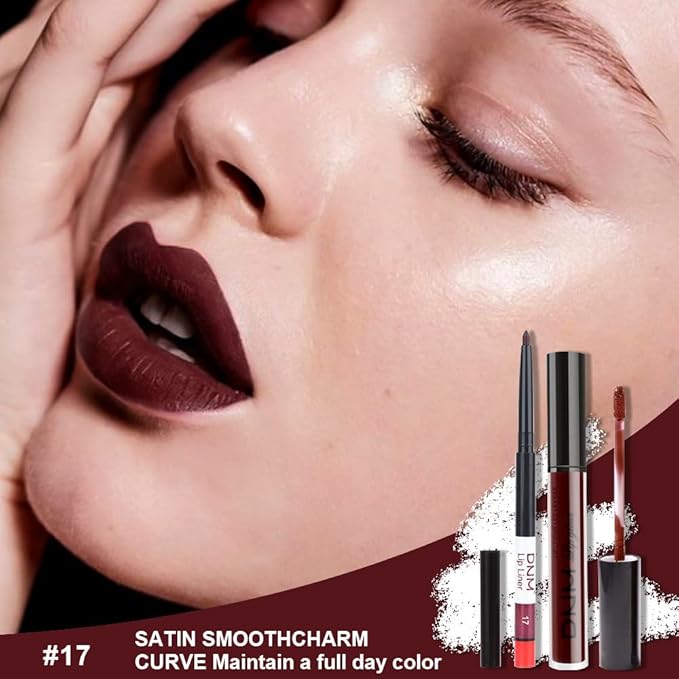 evpct 2Pcs Dark Deep Red Maroon Matte Lipstick and Lip Liner Makeup Set for Women Dark Blood Red Liquid Matte Brown Lipstick Lip Liner Stain long lasting waterproof Permanent Lipsticks 24 hours 17#