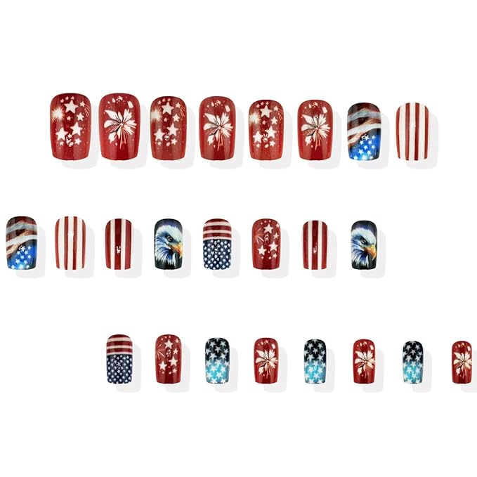 Independence Day Press on Nails Short Square Fake Nails with Flag Eagle Fireworks Stripe Design Full Cover Glue on Nails Red Blue Glossy Acrylic Nails for Women Girl 4th of July Nails Decoration 24Pcs