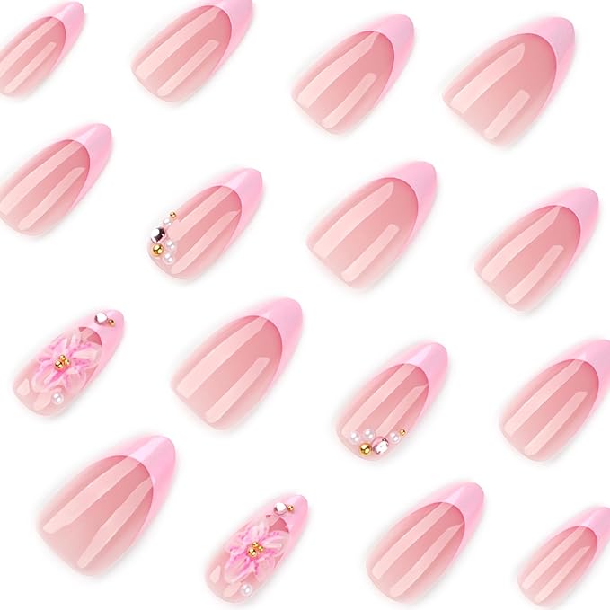3D Pink Flower Press on Nails French Tip Medium Almond Fake Nails with Pearl Rhinestone Designs Glossy Acrylic False Nail Tips Full Cover Artificial Glue on Nails for Women Manicure Kit