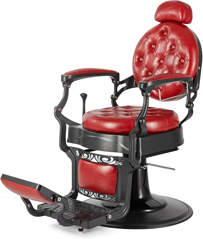 OmySalon Vintage Barber Chair Red All Purpose Heavy Duty, Hydraulic Recline Salon Beauty Styling Chair Retro Red, 360 Degree Swivel for Hair Stylist Tattoo, Round Base, Tufted Button