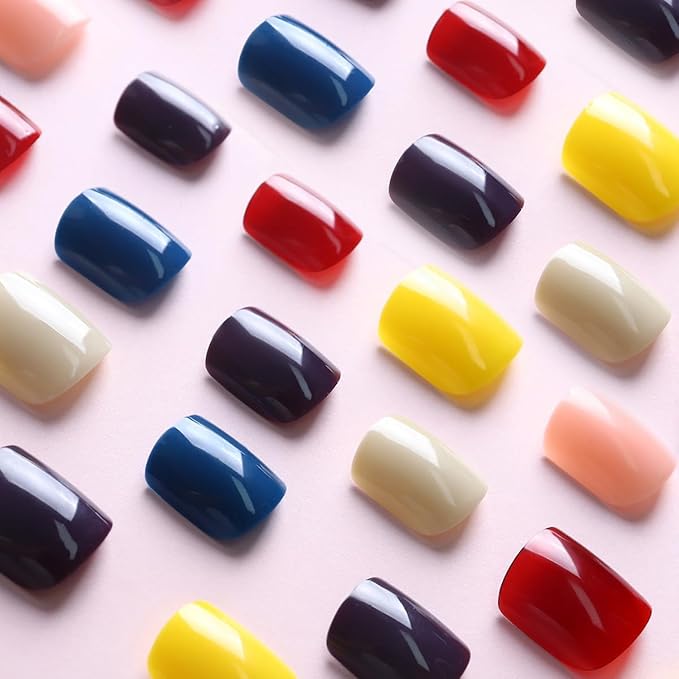 144Pcs Press on Nails Square, Short Square Press on Nails, Extra Short Press on Nails, Solid Color Fake Nails, Glossy Glue on Nails, Gel False Nails for Women, Stick on Nails Kit 12 Sizes-6 Colors