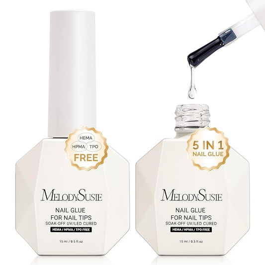 MelodySusie 3Free 5 in 1 Nail Glue Gel for False Nail Tips, NO Hema HPMA TPO, Super Sticky and Strong Adhesion, Rhinestone, Blooming Gel, Base Coat, UV Lamp Curing Needed,2 Pcs 15ml