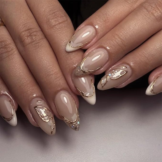 French Tip Press On Nails Medium Almond Fake Nails 3D Gold Line Butterfly Design Stick on Nails Bling Glitter False Nails Reusable Full Cover Acrylic Glue On Nail for Women Manicure 24Pcs