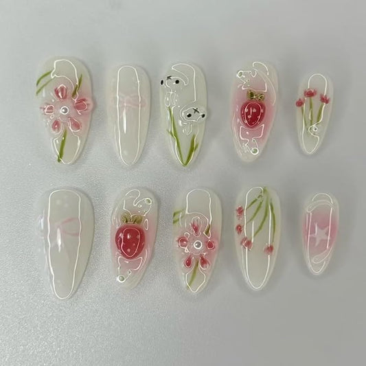 3D Cute Rabbit Press on Nails Medium Almond Fake Nails 3D Pink Flowers False Nails with Pink Gradient Designs Strawberry Bamboo Leaves Acrylic Bow Star Stick on Nails for Women 24Pcs