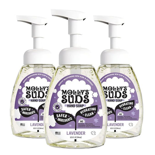 Molly's Suds Foaming Hand Soap - Made with Aloe and Coconut Oil | Moisturizing Hand Wash | Clean Ingredients, Infused with Essential Oils | Lavender - 8.25 Oz (Pack of 3)