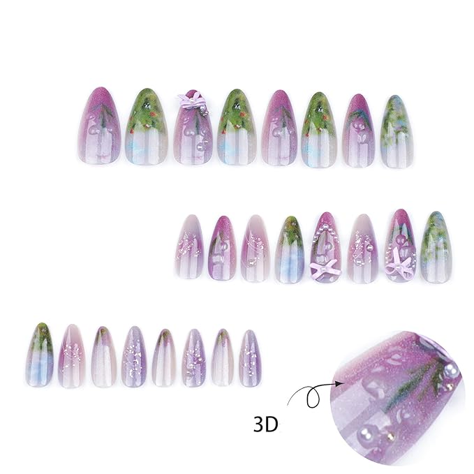Flower Press on Nails Medium Almond Fake Nails Colorful Spring Floral False Nails with 3D Pearl Bow Designs Nude Pink Gradient Stick on Nails Full Cover Glossy Acrylic Glue on Nails for Women 24Pcs