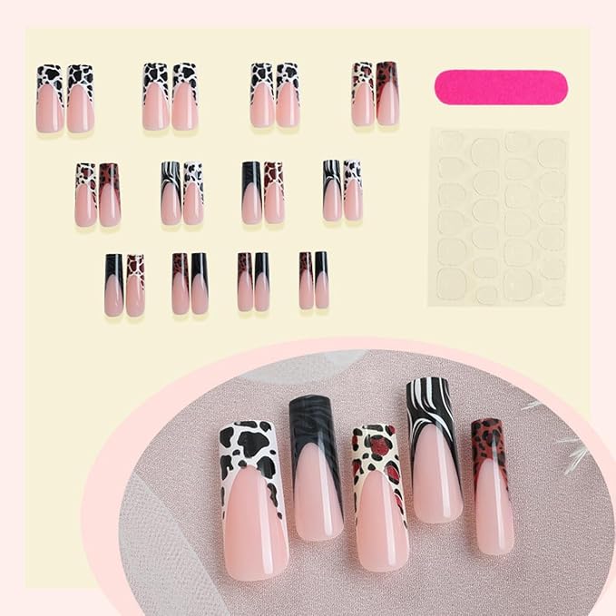 Long Square Press on Nails Leopard Print French Tip Fake Zebra Print Design Fall Nails Full Cover Glossy Glue on Nails for Women 24PCS