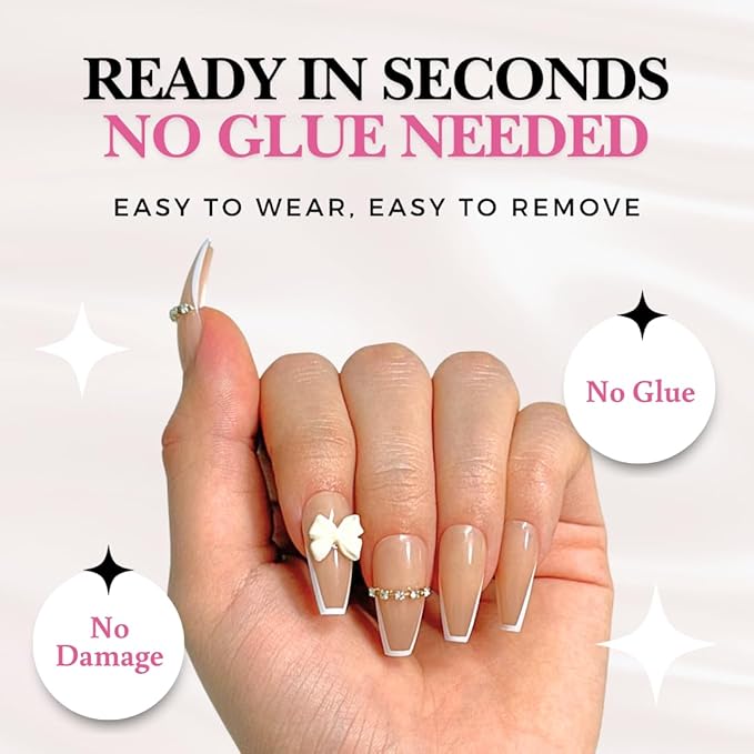 Perfect Look Press On Nails - Bridal Bliss | No Glue One-Day Long Coffin Nails, Nude Beige Nails with Crystal French Trim - 24 Pcs Nail Kit with Adhesive Tabs