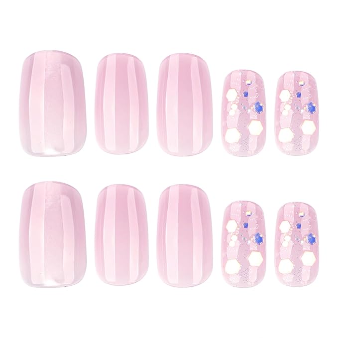 Medium Squoval Press On Nails with Cat Eye Base – Nude Pink Acrylic Fake Nails, 24PCS Glitter Glossy Stick On Nail Kit, Reusable False Nails with Adhesive & Tools for Women