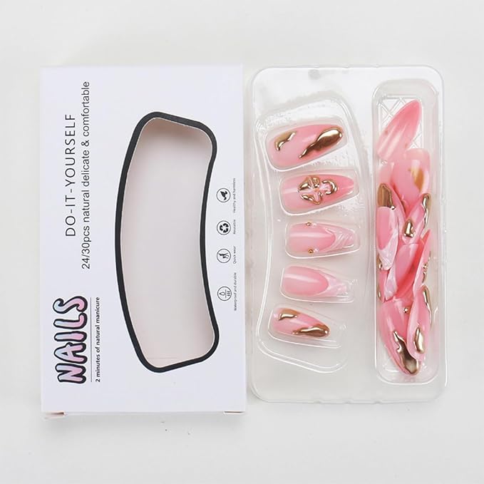 24Pcs Flower Press on Nails Medium Almond French Tip Fake Nails with White 3D Ripple Design Gilding Pearl False Nails Full Cover Artificial Glue on Nails Spring Summer Stick on Nails for Women DIY