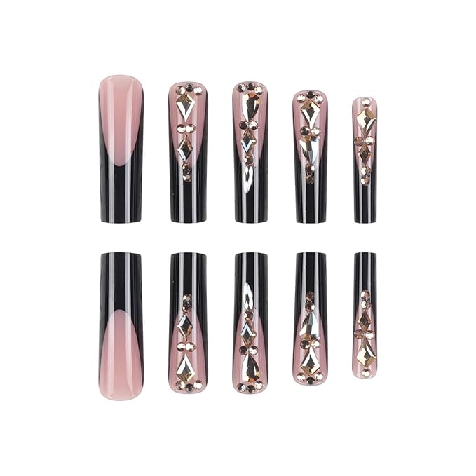 Square Press on Nails Long Fake Nails Extra Long Black Artificial Nail with Rhinestone Designs French Stick on Nail for Women 24pcs