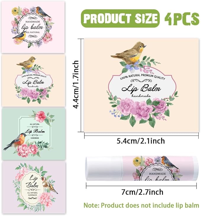 OLYCRAFT 100Pcs Self-Adhesive Lip Balm Tag Stickers 1.7x2.1 inch Waterproof Adhesive Label with Bird Patterns Rectangle Lipstick Tag Sticker for Lip Balm Container Tubes Lipstick Wrapping Decoration