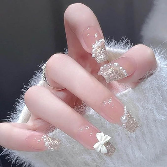 Hkanlre Bling Coffin Press on Nails Fake Nails Tips Full Cover Medium False Gradient Nails for Women and Girls 24PCS (Pearl Pink)