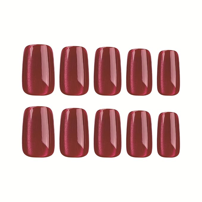 Vintage Red Cat Eye Press-On Nails – 24 Square Nails, 12 Sizes, Glossy Gel, Magnetic Shimmer, Long-Lasting, Includes Tool Kit, Easy DIY