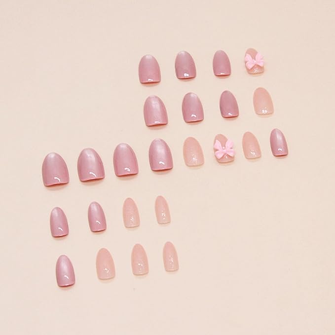 Hkanlre Pink Press on Nails Medium Bow Fake Nails Tips Full Cover Almond False Cute Nails for Women and Girls 24PCS